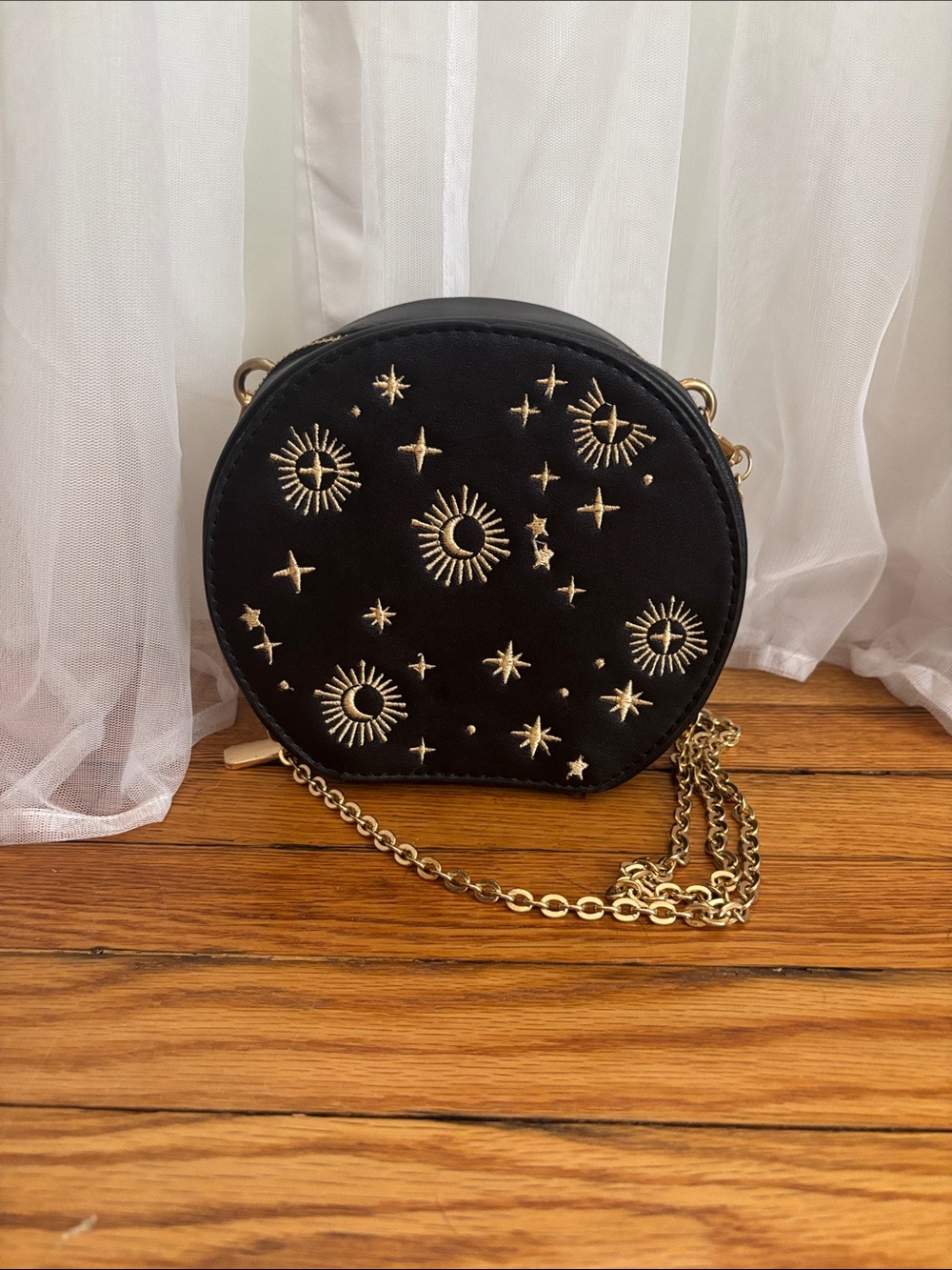Black Starburst Embroidered Round Crossbody Bag